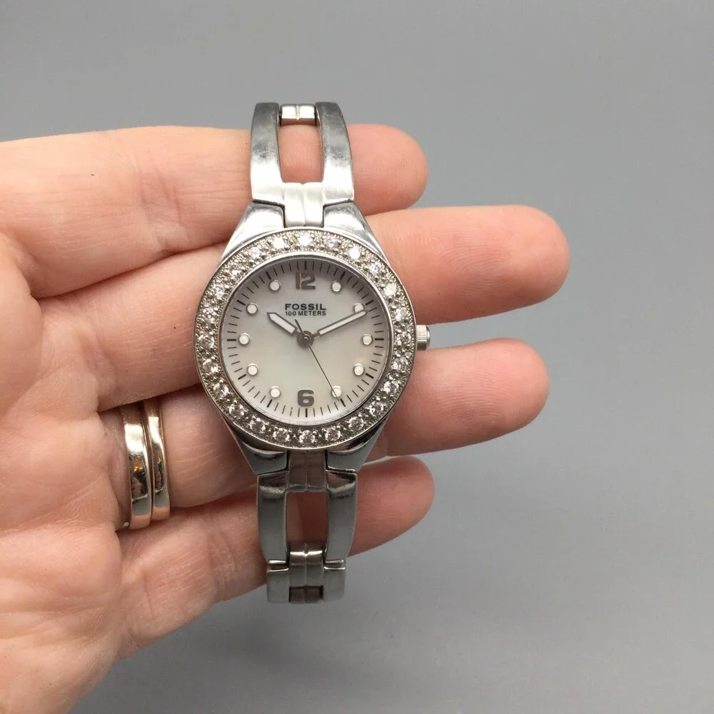 Fossil Womens Watch 29mm MOP Crystal Bezel 100M Stainless New Battery 6.75